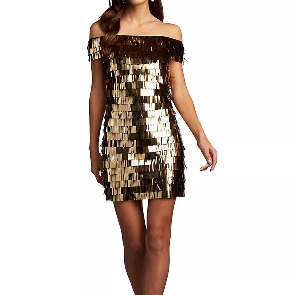 NWT Tadashi Shoji Gold Fringe Sequin Dress | Off Shoulder Cocktail MiniSize 12